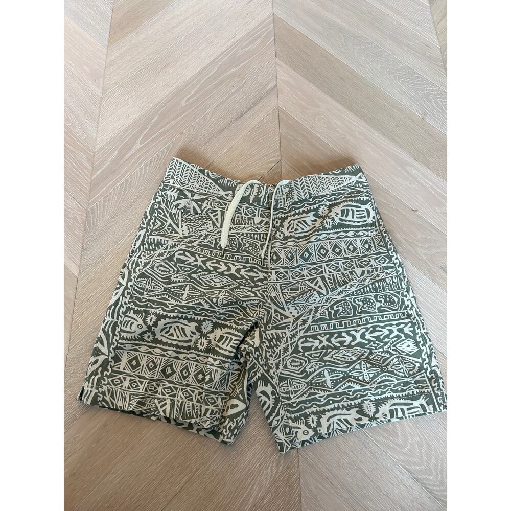 Buck Mason Shorts Men's 31 Tiki Print Island Drawstrings Pockets 6" Inseam
